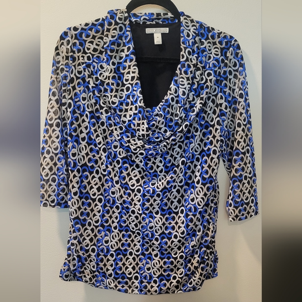 Dana Buchman Black/White/Blue Blouse Sz M